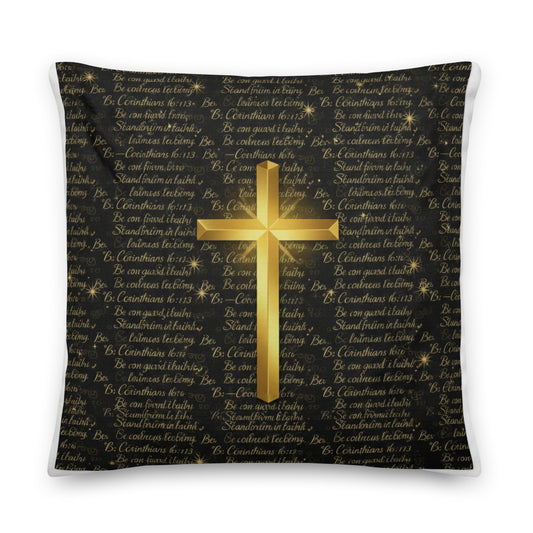 All-over print Tristan's Outlet Faith Throw Pillow featuring 1 Corinthians 16:13 with inspiring scripture design.