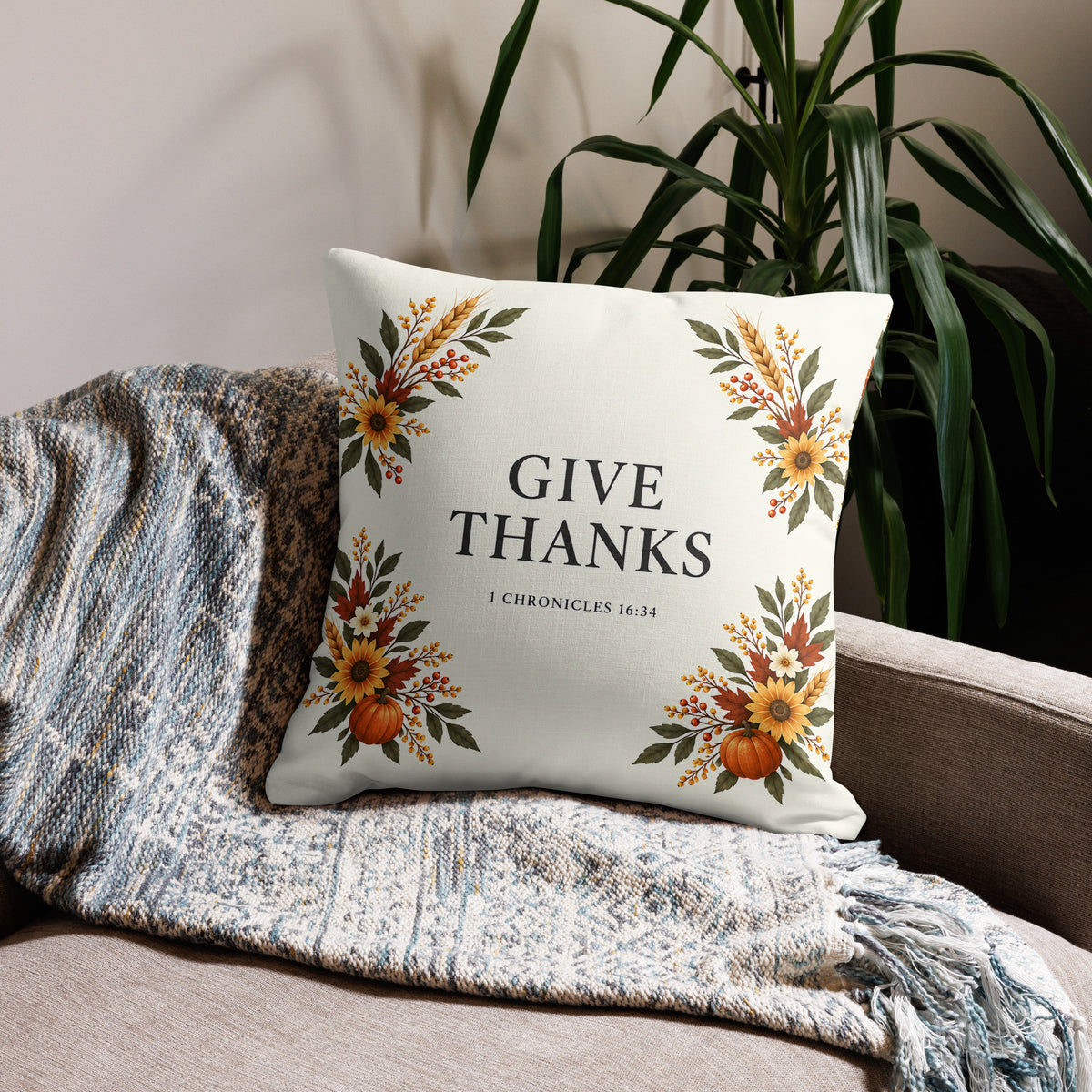 All-over-print 22x22-inch Give Thanks pillow with 1 Chronicles 16:34 design from Tristan's Outlet, featuring vibrant religious artwork.
