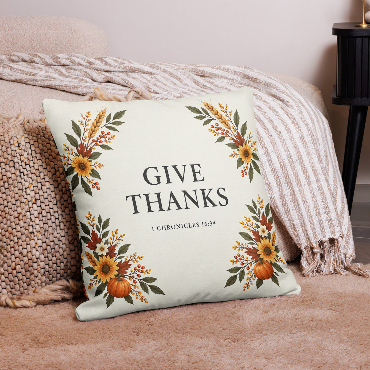 Premium Give Thanks 1 Chronicles 16:34 pillow by Tristan's Outlet with an all-over print, featuring religious text and decorative design.