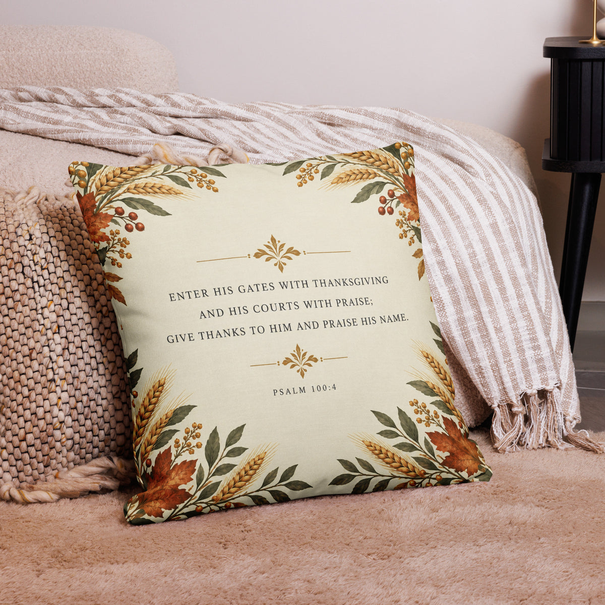 Premium Psalm 100:4 pillow by Tristan's Outlet featuring an all-over print with inspirational scripture and decorative design.