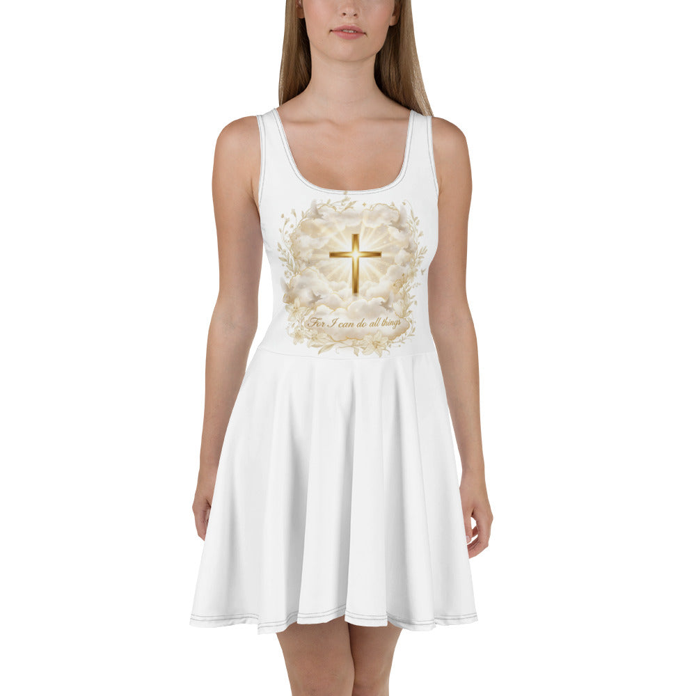 White graphic print skater dress by Tristan's Outlet featuring a fashionable all-over design and a flattering fit.
