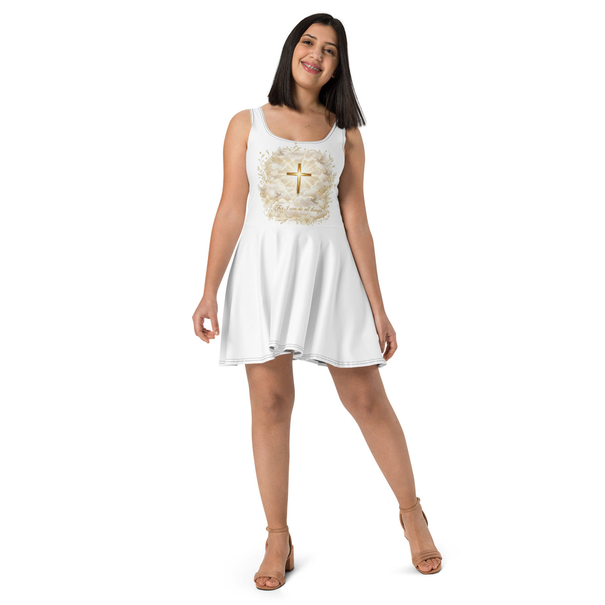 White graphic print skater dress by Tristan's Outlet, front view showing all-over bold pattern and fitted waist.