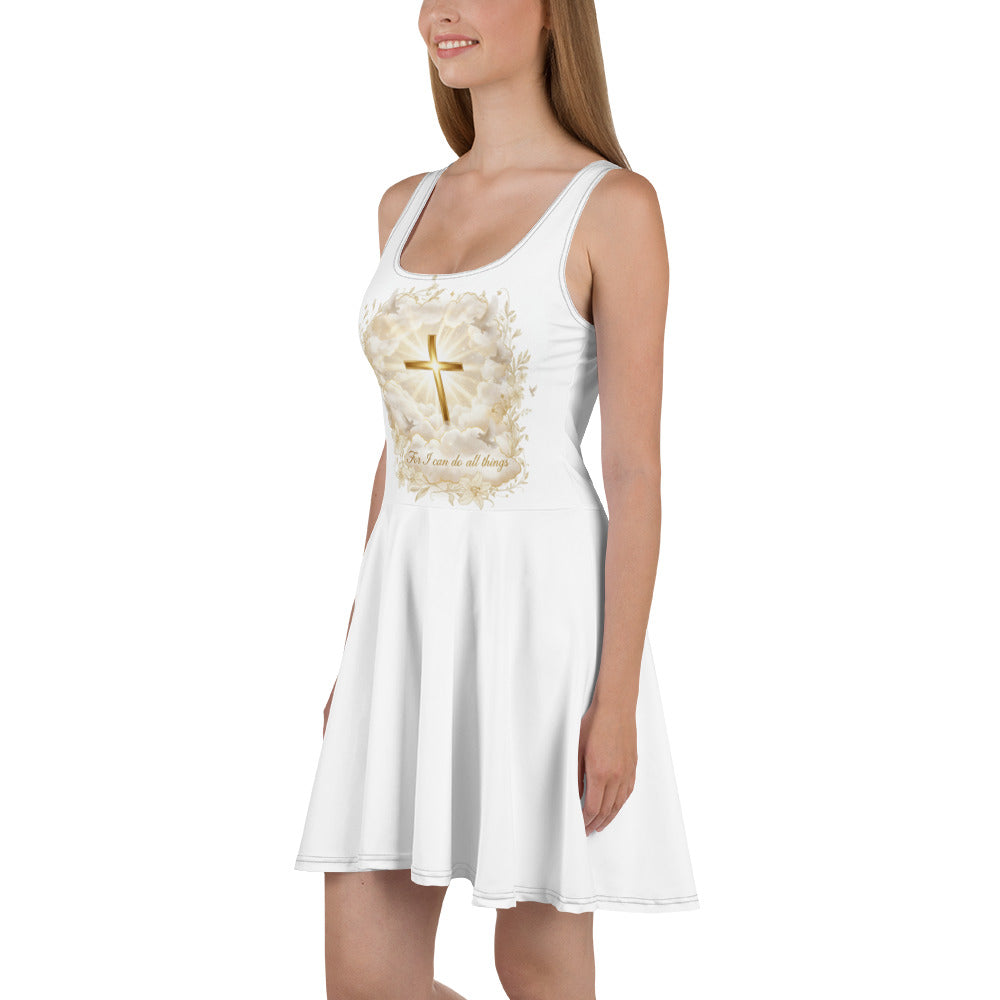 White graphic print skater dress from Tristan's Outlet featuring an all-over colorful design and a fitted, casual style.