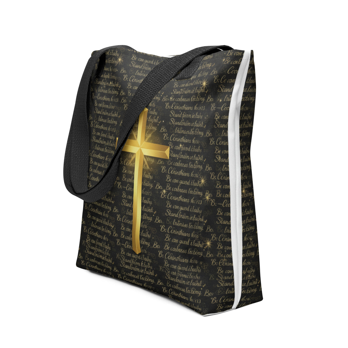 Black all-over-print tote bag featuring inspirational 1 Corinthians 16:13 design by Tristan's Outlet.