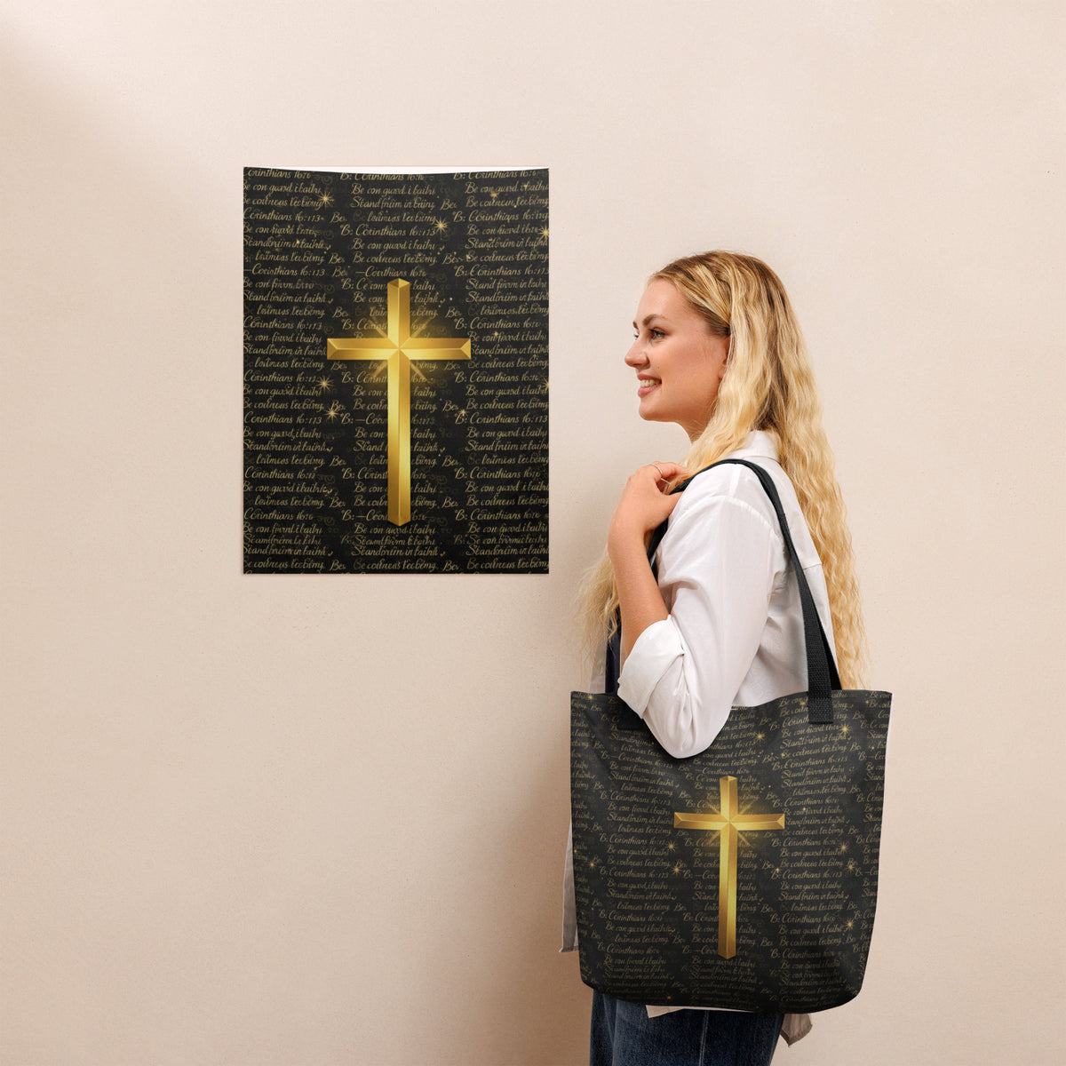 Black Christian tote bag with all-over print featuring 1 Corinthians 16:13, made by Tristan's Outlet.