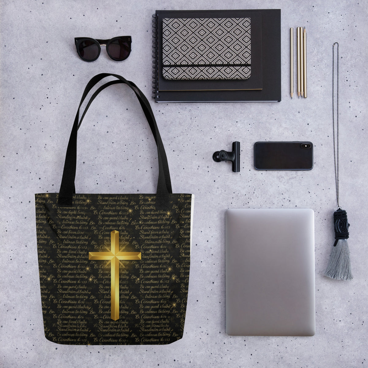 Black Be Strong tote bag with all-over print featuring 1 Corinthians 16:13, made by Tristan's Outlet.