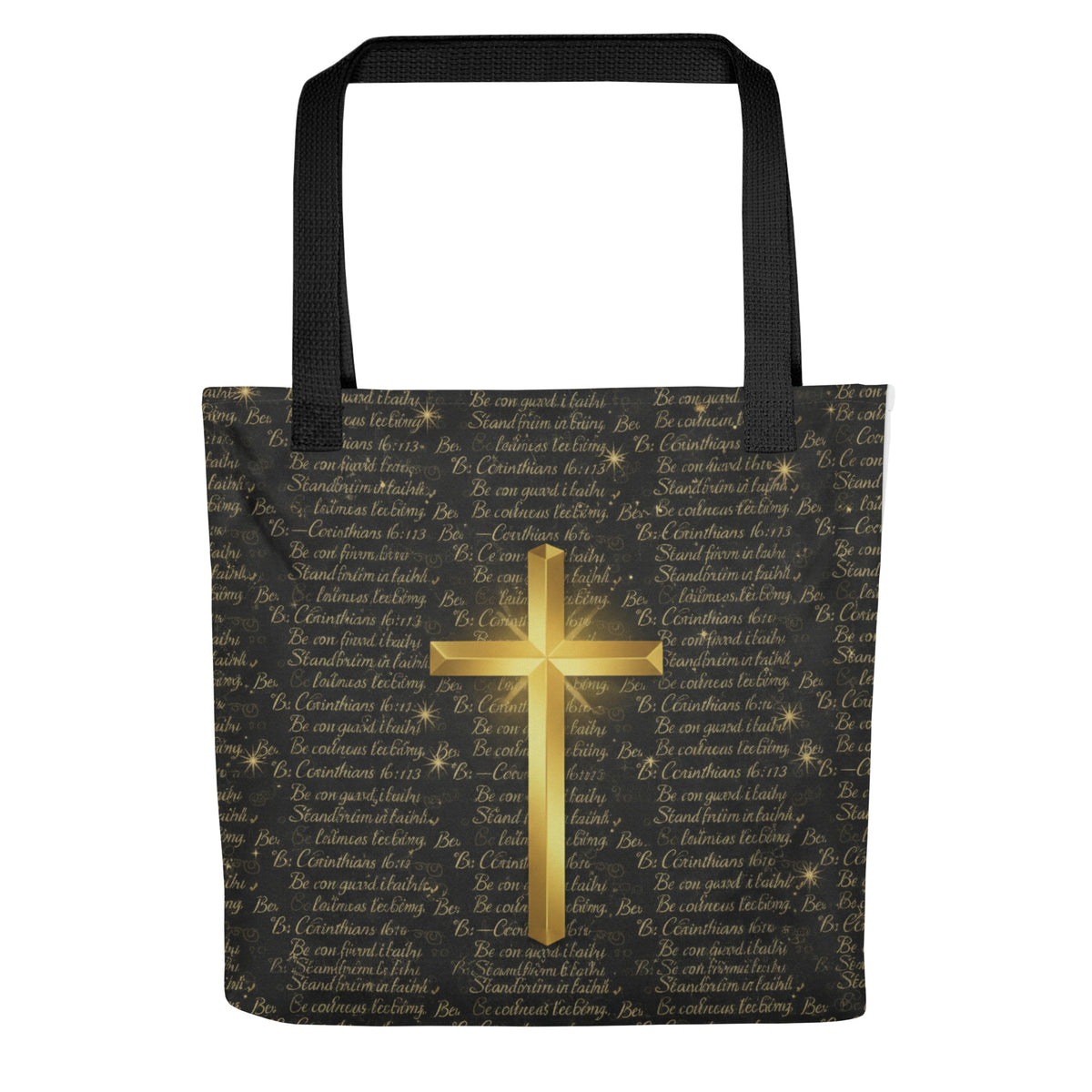 Black all-over-print tote bag featuring 1 Corinthians 16:13 with inspirational scripture design, perfect for everyday use.