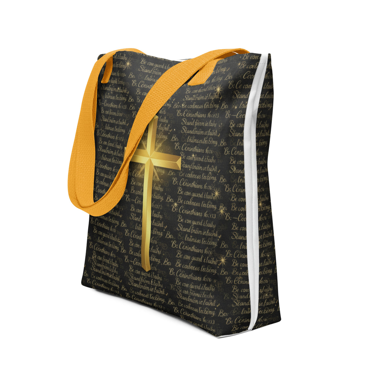 Yellow all-over-print tote bag with "Be Strong" and 1 Corinthians 16:13 scripture, featuring bold design on front, by Tristan's Outlet.