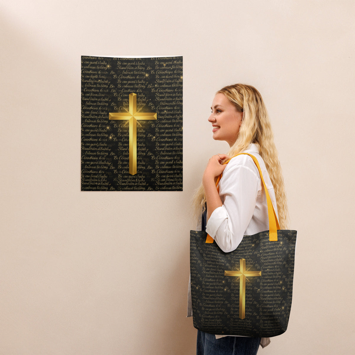 Yellow All-Over-Print Be Strong Tote Bag with 1 Corinthians 16:13 design from Tristan's Outlet, front view, 15x15 inches.