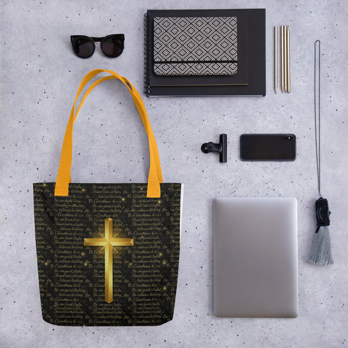 Yellow all-over-print tote bag featuring Christian 1 Corinthians 16:13 design by Tristan's Outlet.