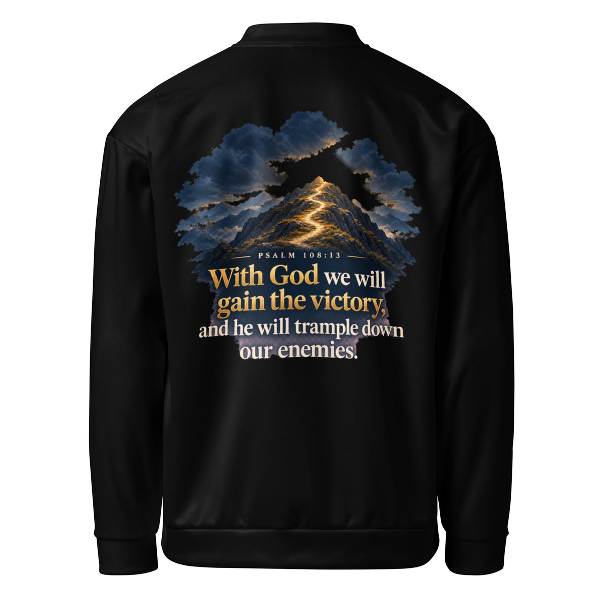 Unisex white bomber jacket with Psalm 108:13 Victory print, featuring all-over Bible verse design from Tristan's Outlet.