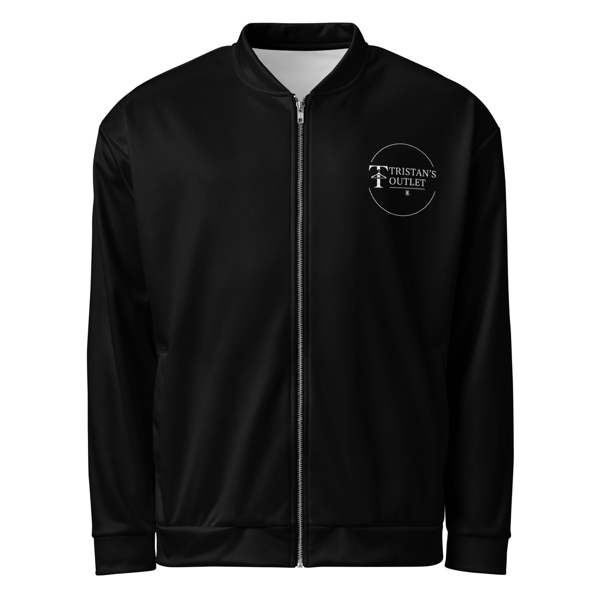 Unisex white bomber jacket with Psalm 108:13 Victory print by Tristan's Outlet, featuring an all-over biblical verse design.