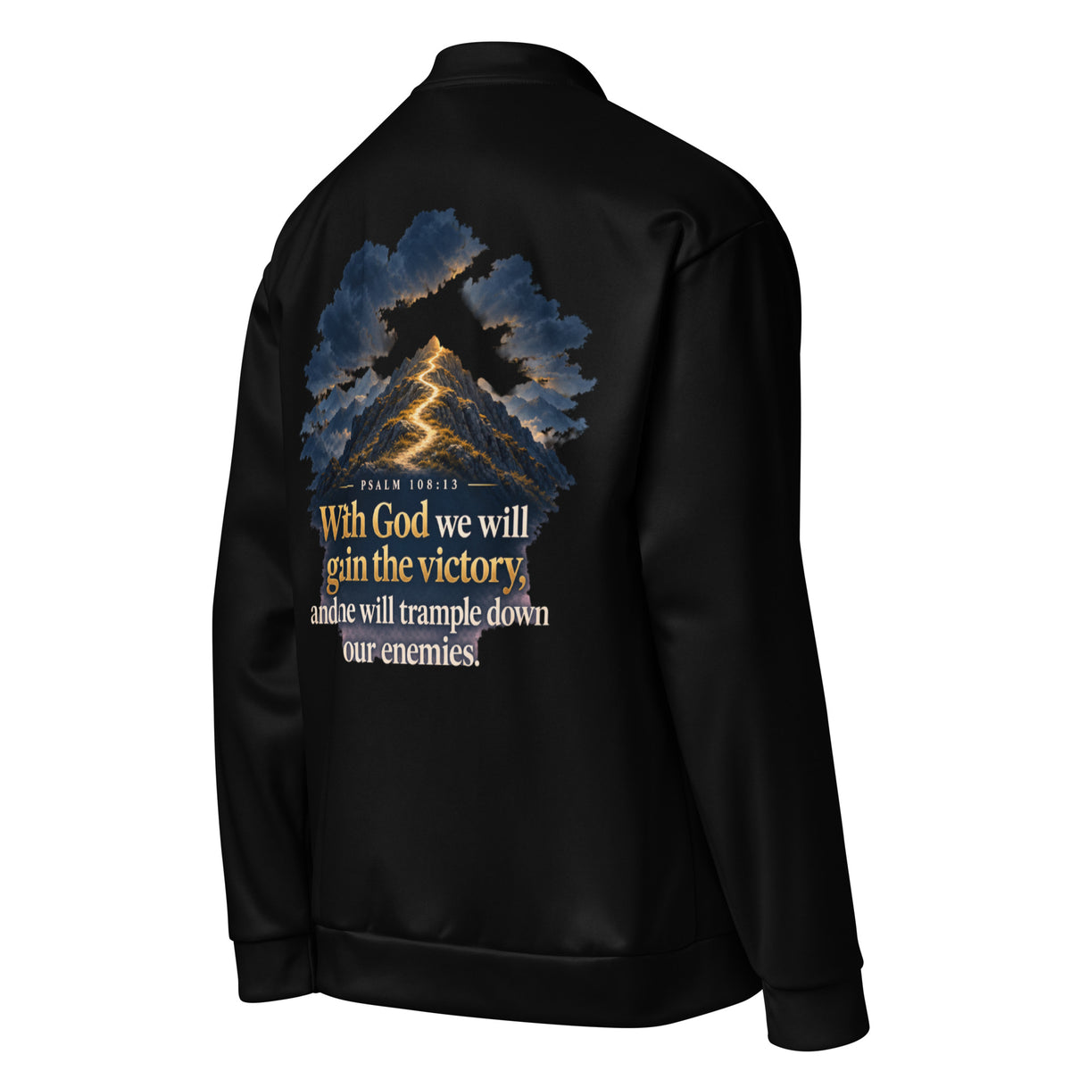 Unisex white bomber jacket with Psalm 108:13 Victory print on the back, designed by Tristan's Outlet, all-over pattern.