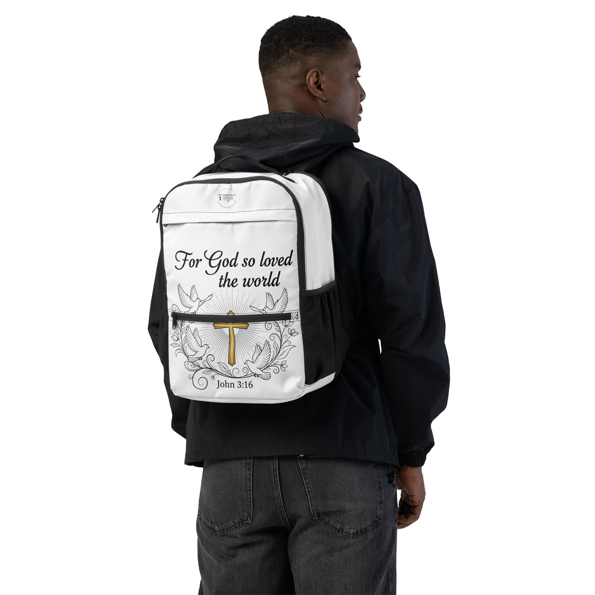 Black John 3:16 all-over print utility backpack by Tristan's Outlet with multiple compartments and adjustable straps.