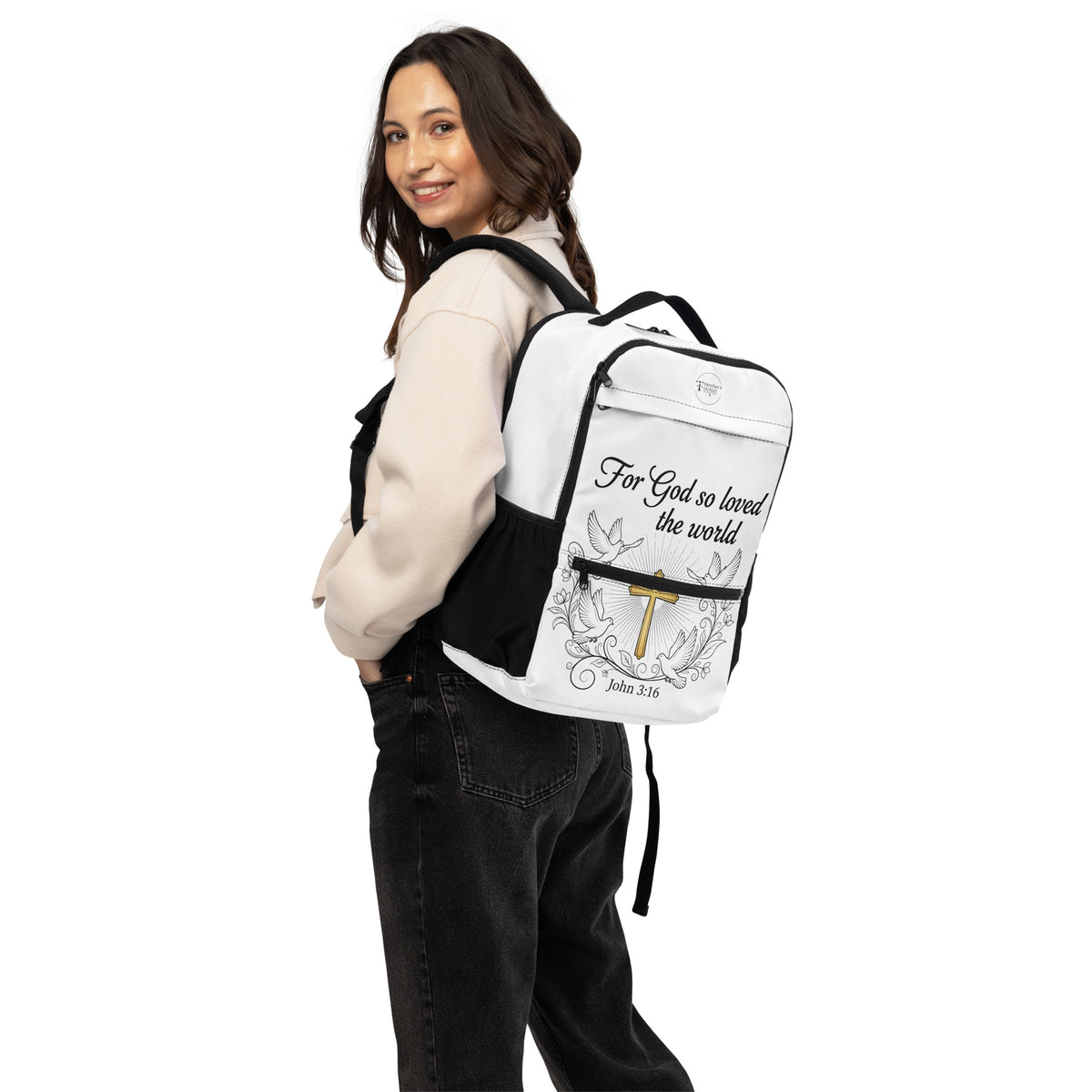 Black John 3:16 all-over print utility backpack by Tristan's Outlet, featuring Christian scripture design and multiple compartments.