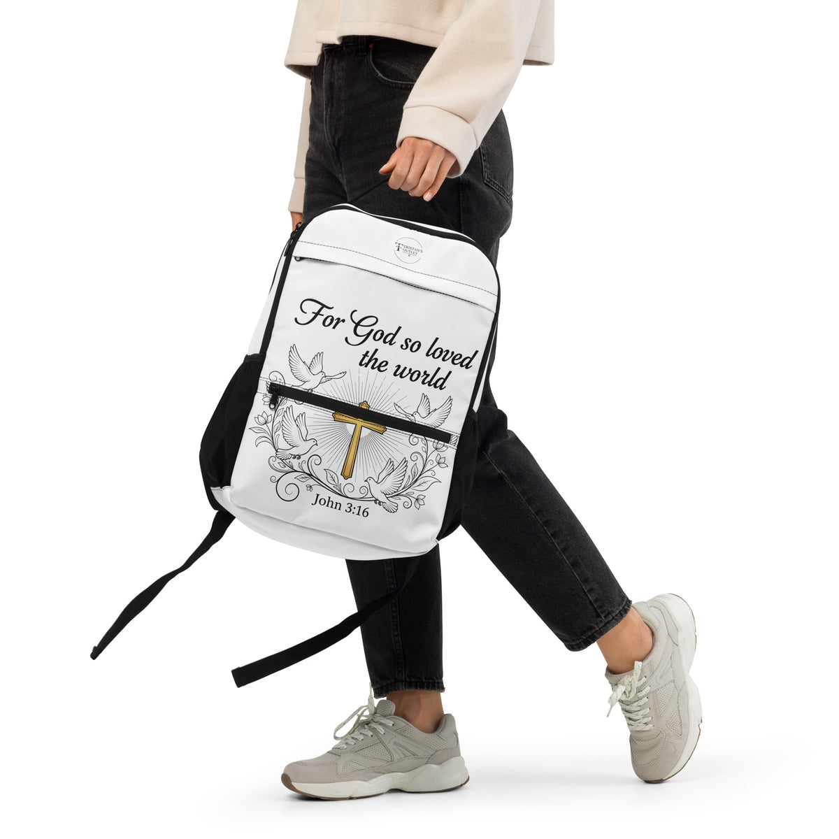 Black John 3:16 all-over print utility backpack with multiple compartments and adjustable straps, designed for everyday use.