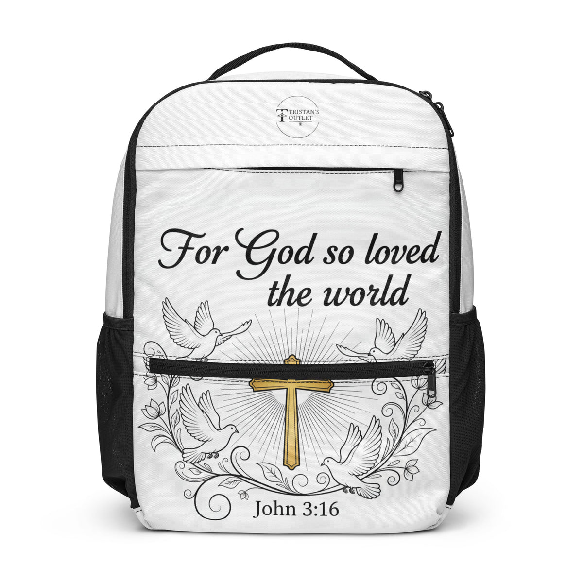 Black John 3:16 all-over print utility backpack from Tristan's Outlet with multiple compartments and adjustable straps.