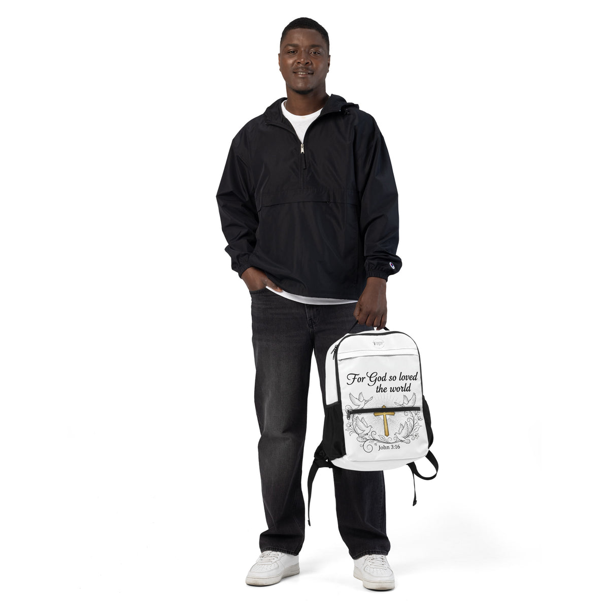 Black John 3:16 all-over print utility backpack with multiple compartments and adjustable straps, designed for everyday use.