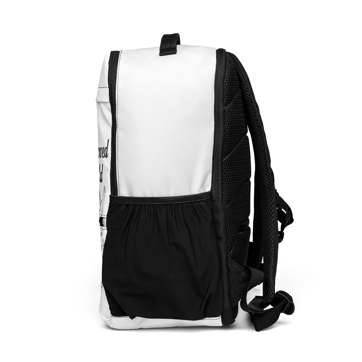 All-over black print utility backpack featuring John 3:16 scripture, durable straps, multiple compartments, and sleek design.