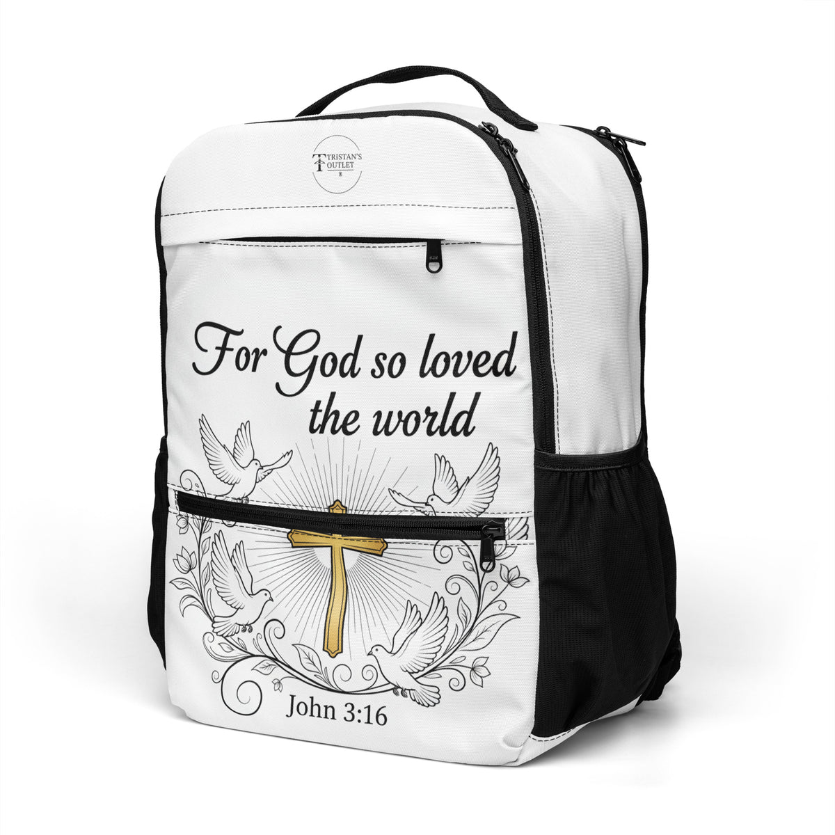Black John 3:16 all-over print utility backpack from Tristan's Outlet, showing front and side view with multiple compartments.