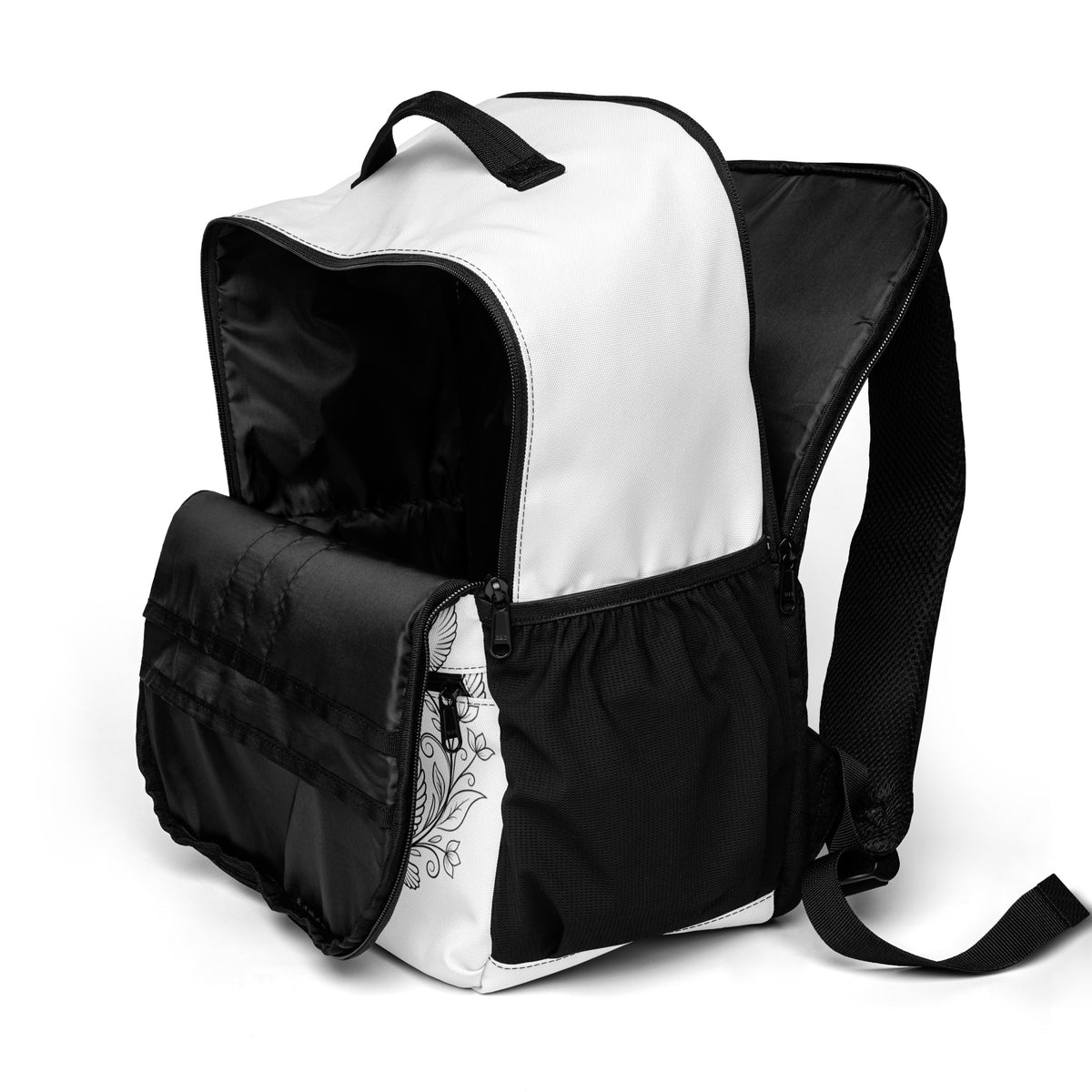 Black John 3:16 all-over print utility backpack by Tristan's Outlet with multiple compartments and durable fabric.