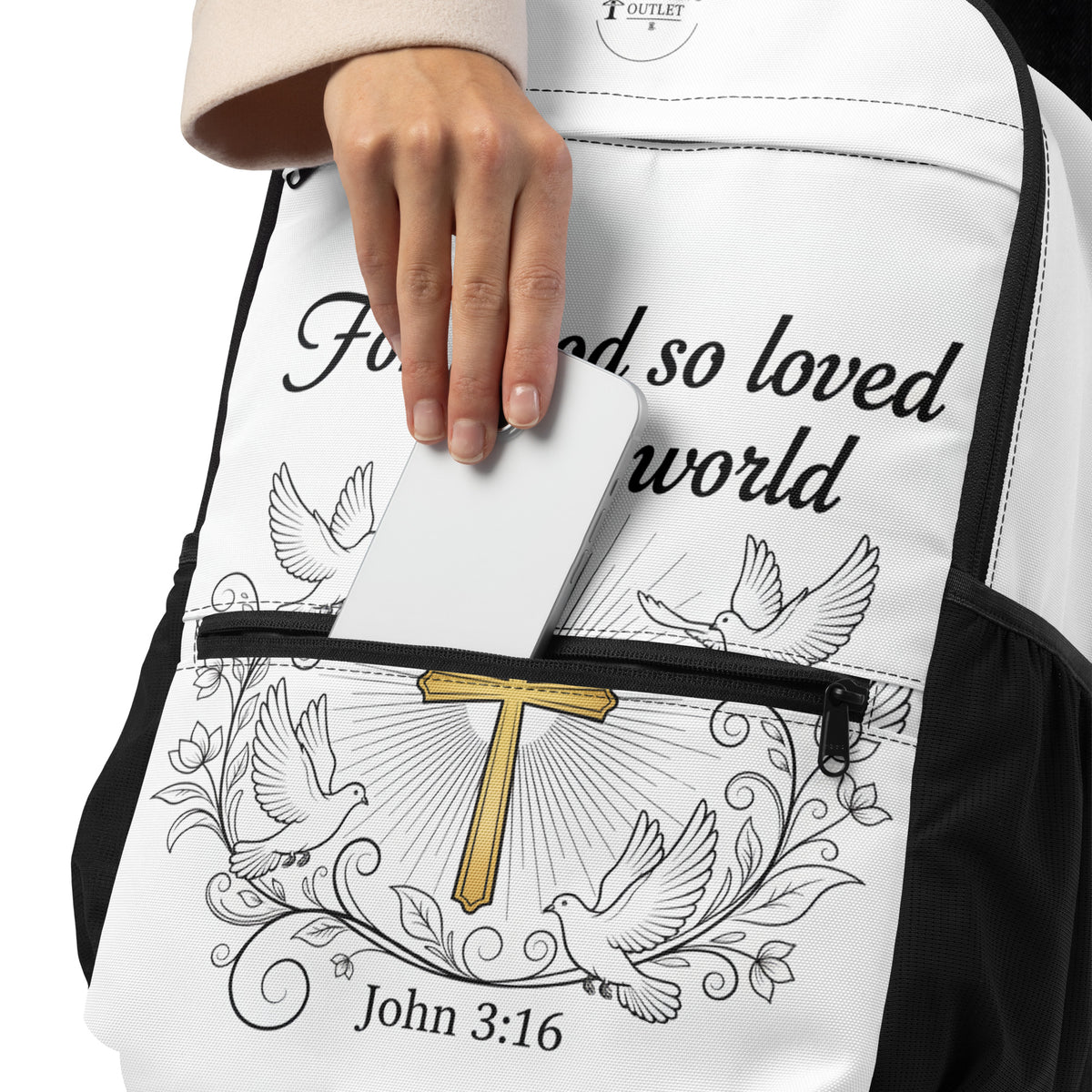 Black John 3:16 all-over print utility backpack by Tristan's Outlet with multiple compartments and adjustable straps.
