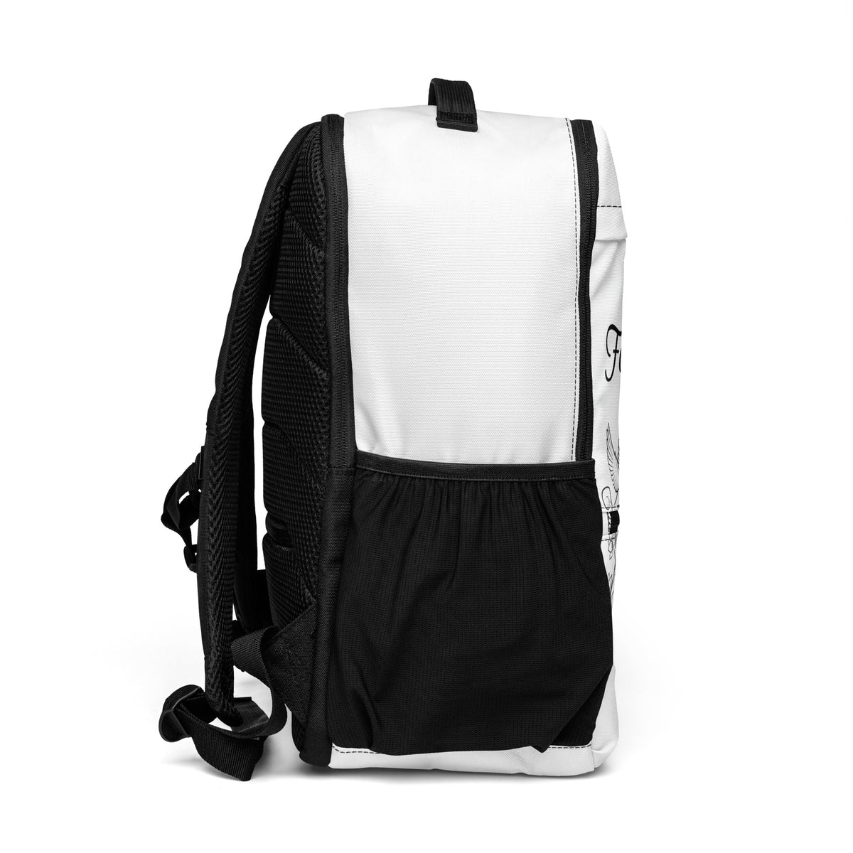 Black John 3:16 all-over print utility backpack with multiple compartments and adjustable straps, designed by Tristan's Outlet.