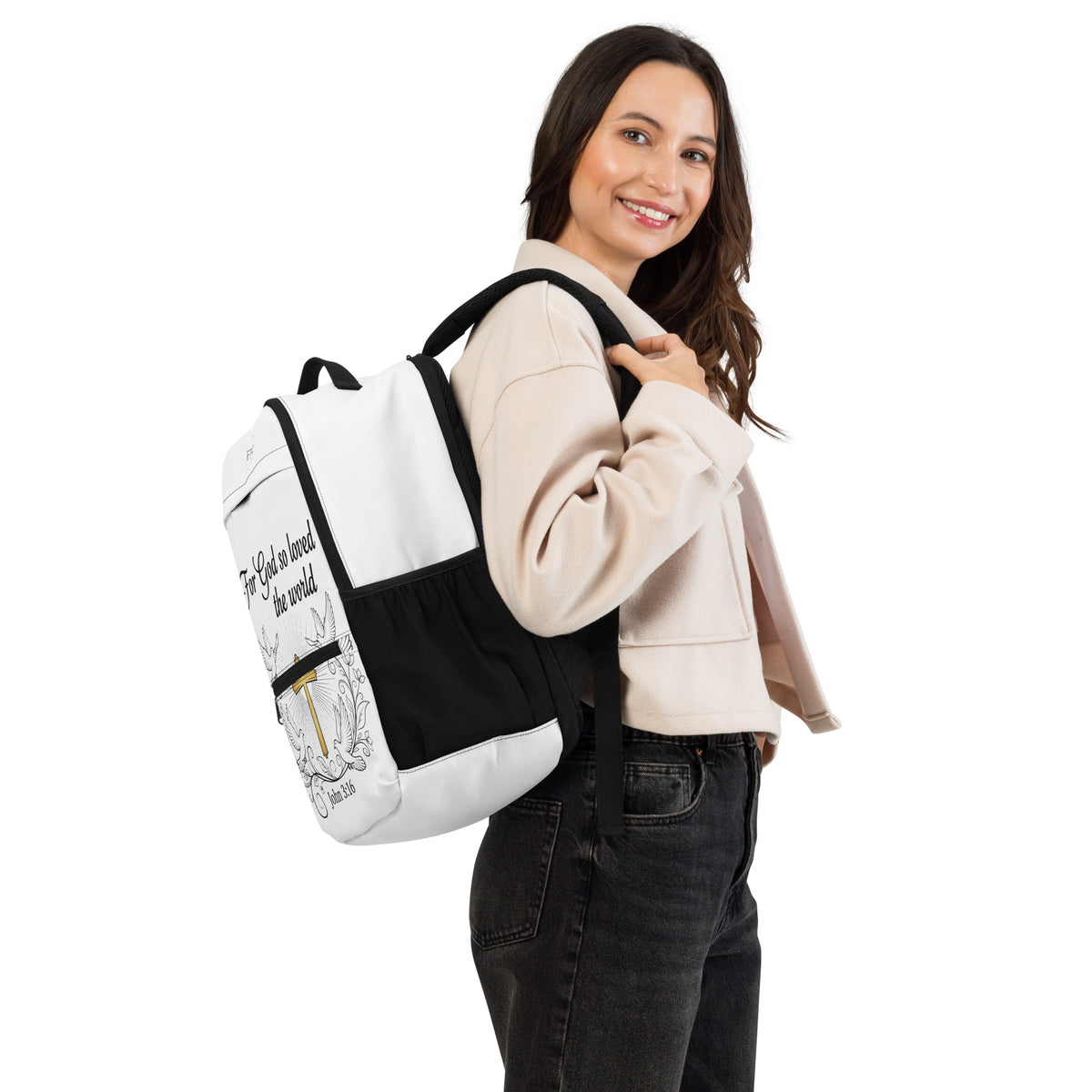 Black John 3:16 all-over print utility backpack by Tristan's Outlet with multiple compartments and adjustable straps.