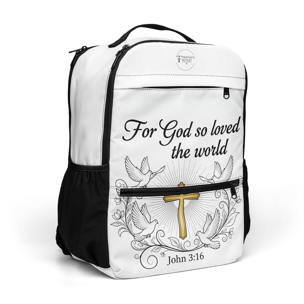 Black John 3:16 all-over print utility backpack from Tristan's Outlet, showing right front view with multiple printed designs.