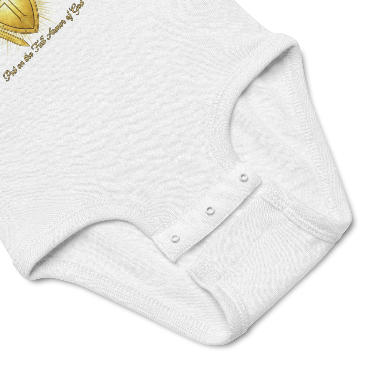 White infant bodysuit with short sleeves from Tristan's Outlet, soft and comfortable for babies.