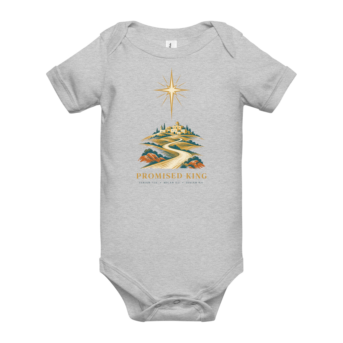 Baby short-sleeve athletic heather bodysuit featuring the Promised King Bethlehem Star design, from Tristan's Outlet.