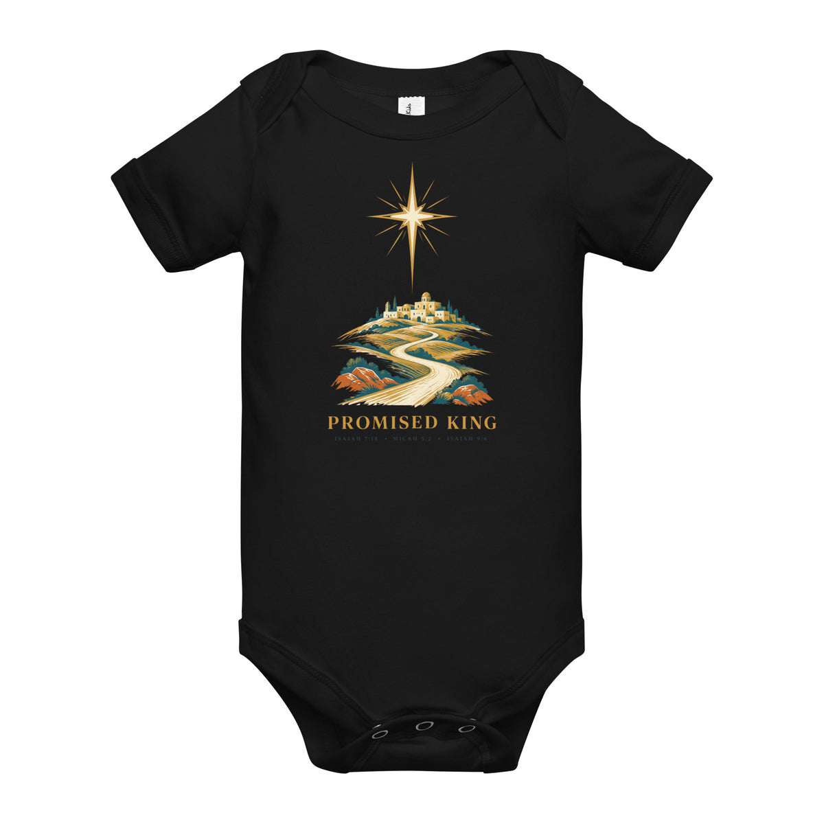 Black baby short-sleeve bodysuit featuring a Bethlehem Star design from Tristan's Outlet for infants.