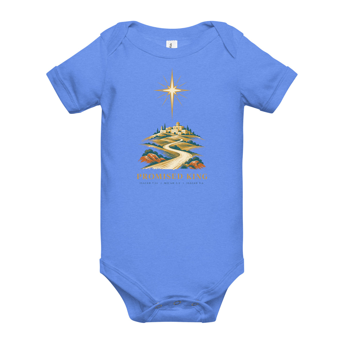 Heather blue baby short-sleeve bodysuit with Bethlehem Star design, by Tristan's Outlet, front view.