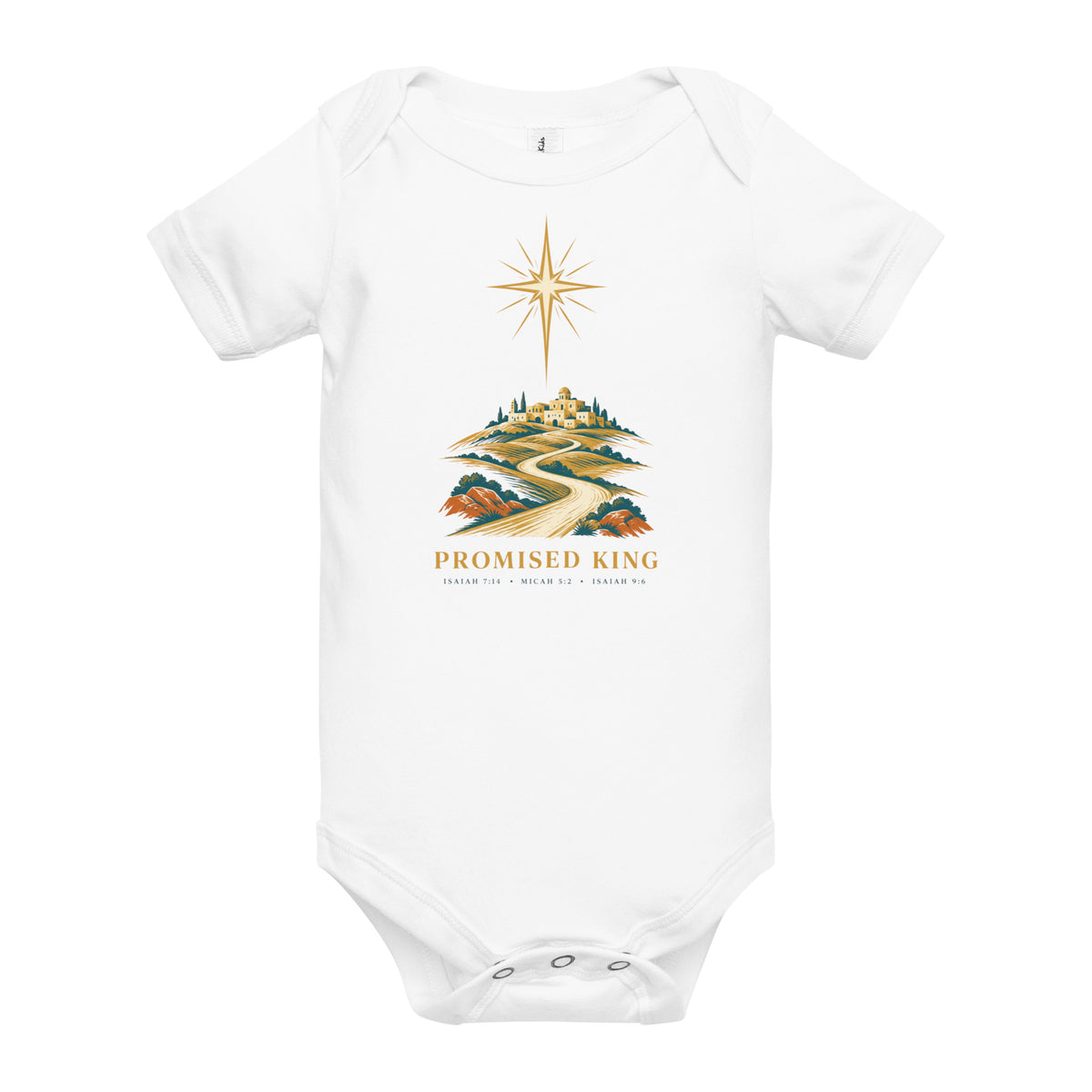 White baby short-sleeve bodysuit with Bethlehem Star design from Tristan's Outlet, front view showing the cute infant clothing.