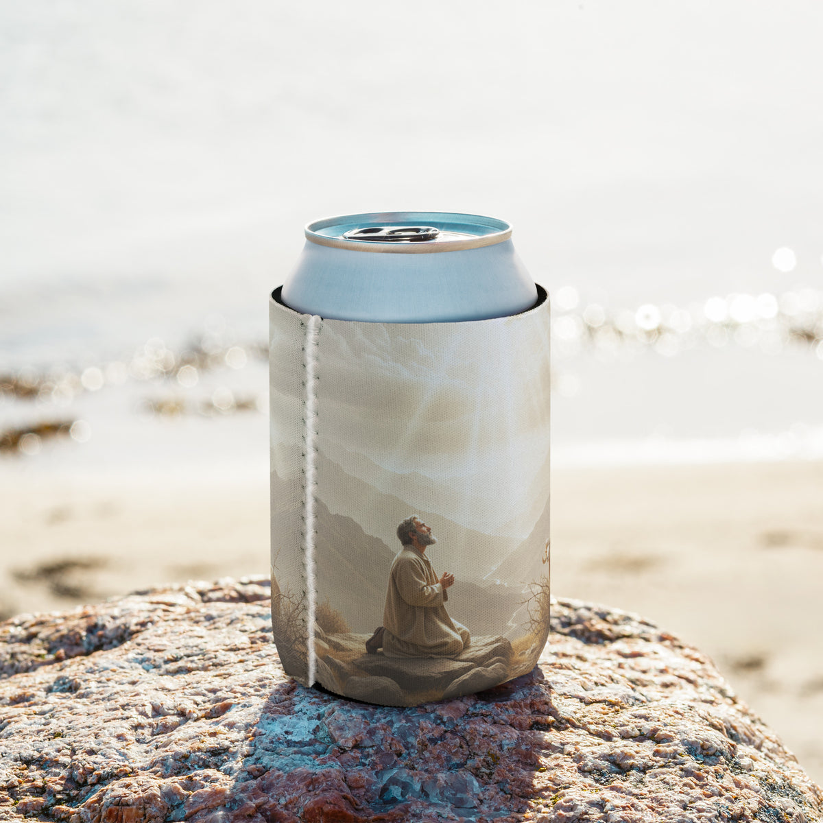 White Jehovah Jireh can cooler from Tristan's Outlet featuring Genesis 22:14 Faith Collection, designed for 12 oz cans.