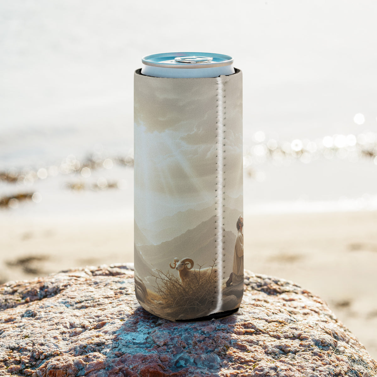 White Jehovah Jireh can cooler from Tristan's Outlet, featuring Genesis 22:14 Faith Collection design for 12 oz cans.
