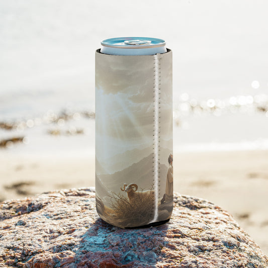White Jehovah Jireh can cooler from Tristan's Outlet, featuring Genesis 22:14 Faith Collection design for 12 oz cans.