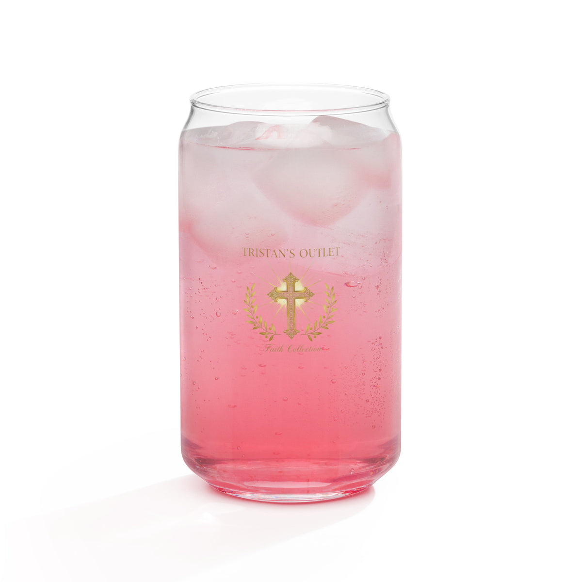 16 oz glass can from Tristan's Outlet Faith Collection with a sleek can shape and clear design, suitable for beverages.