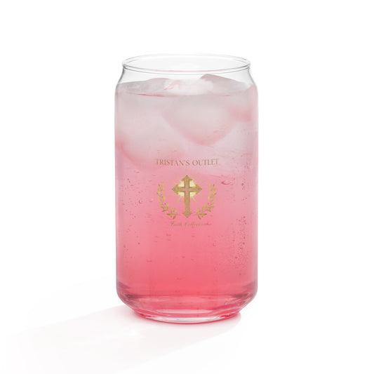 16 oz glass can from Tristan's Outlet Faith Collection with a sleek can shape and clear design, suitable for beverages.