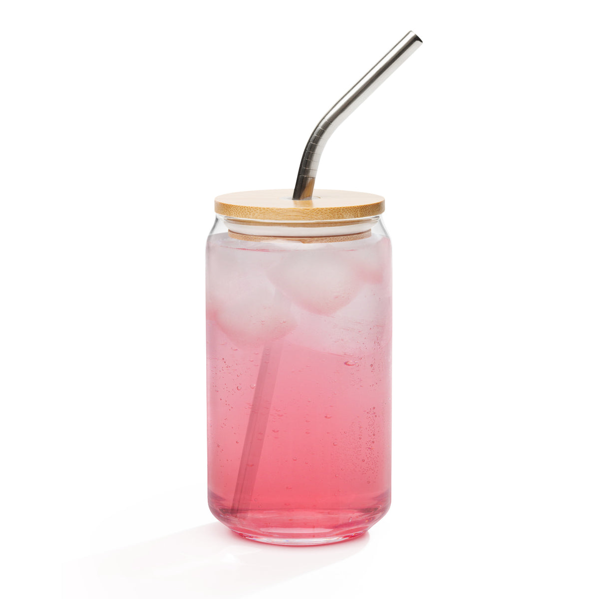 16 oz glass can from Tristan's Outlet Faith Collection with lid and straw, designed for beverages and casual use.