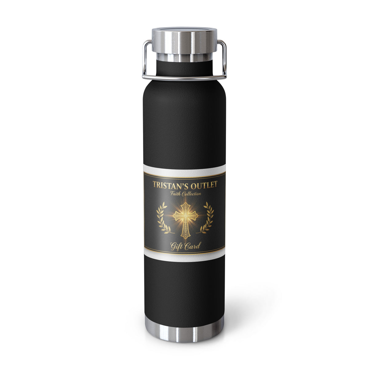 Black 22oz vacuum-insulated drinkware from Tristan's Outlet with gold cross Christian design, lid, and straw.
