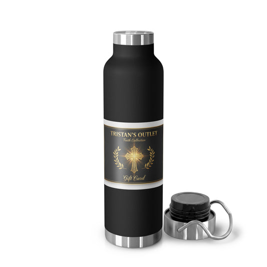 Black 22oz copper vacuum-insulated Tristan's Outlet faith-inspired can glass with gold cross design, lid, and straw for Christian drinkware.