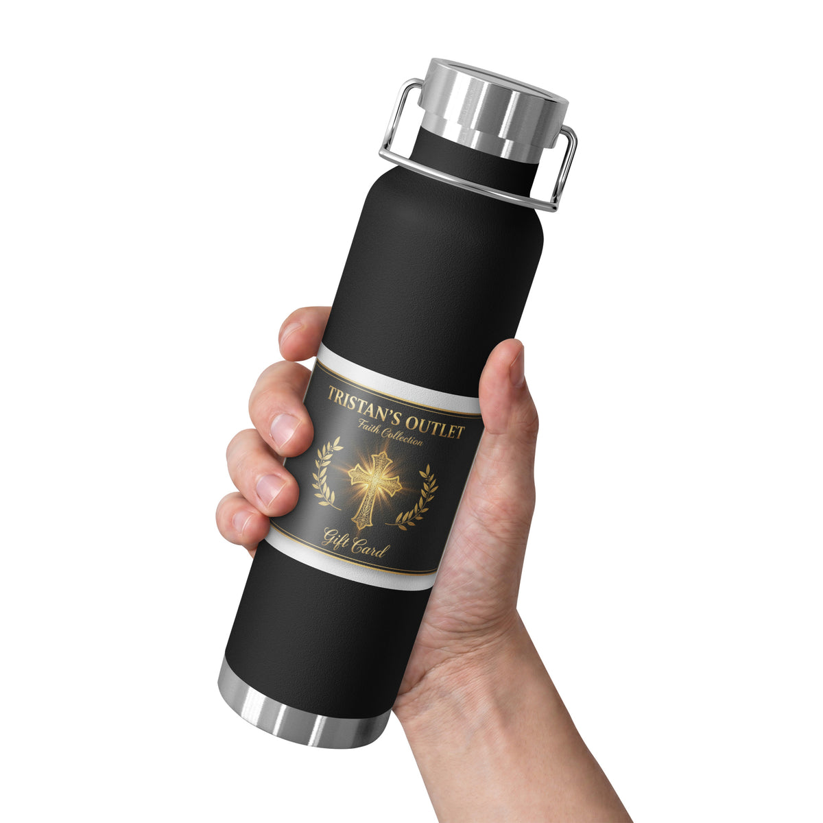 Black 22oz copper vacuum-insulated Tristan's Outlet Christian can glass with gold cross design, lid, and straw for faith-inspired drinkware.