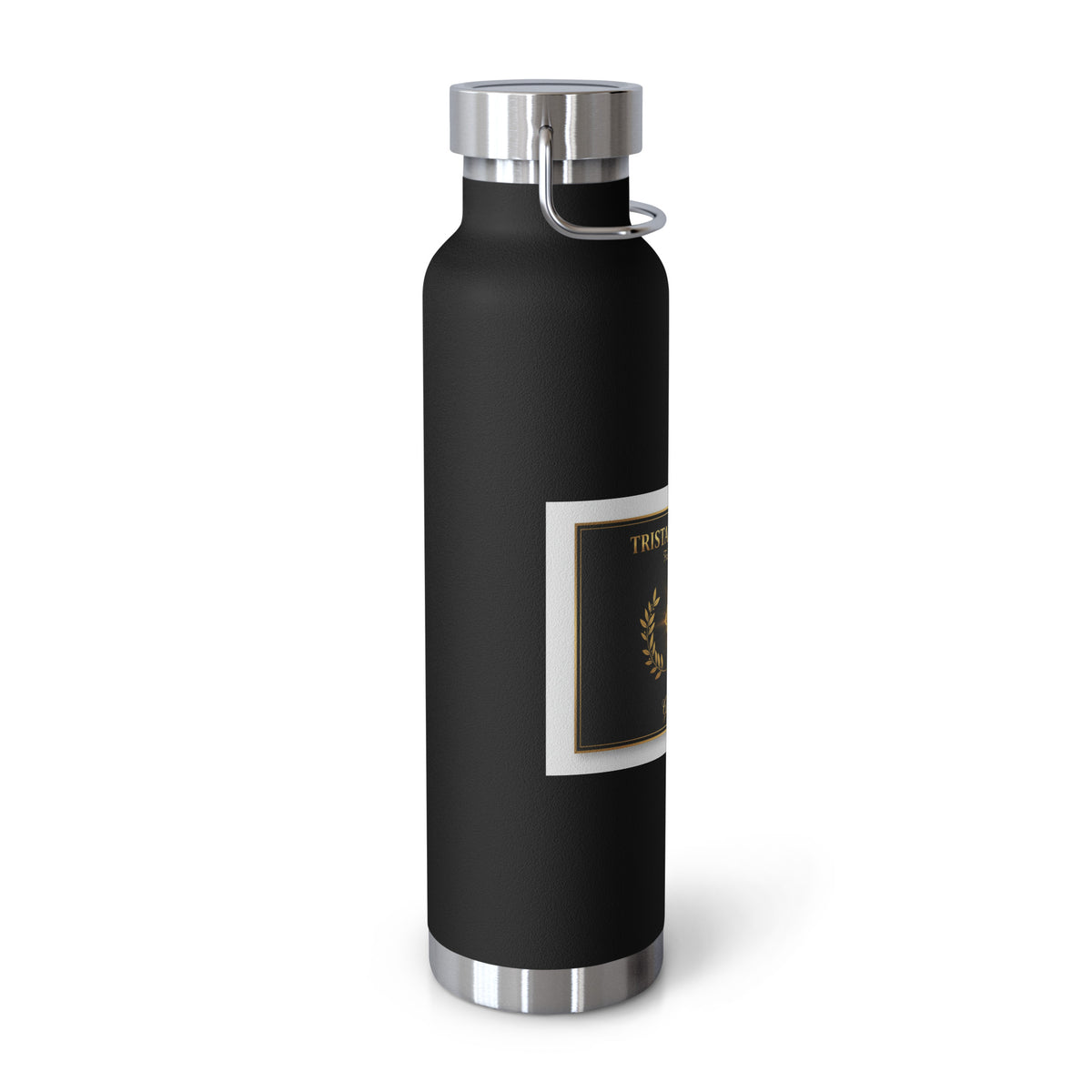 Black 22oz copper vacuum-insulated Tristan's Outlet faith-themed drinkware with gold cross, lid, and straw.