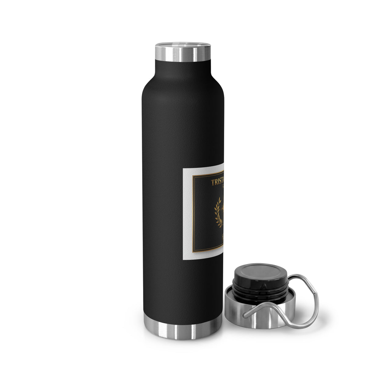 Black 22oz copper vacuum-insulated drinkware with gold cross design, lid, and straw, from Tristan's Outlet Faith Collection Can Glass.