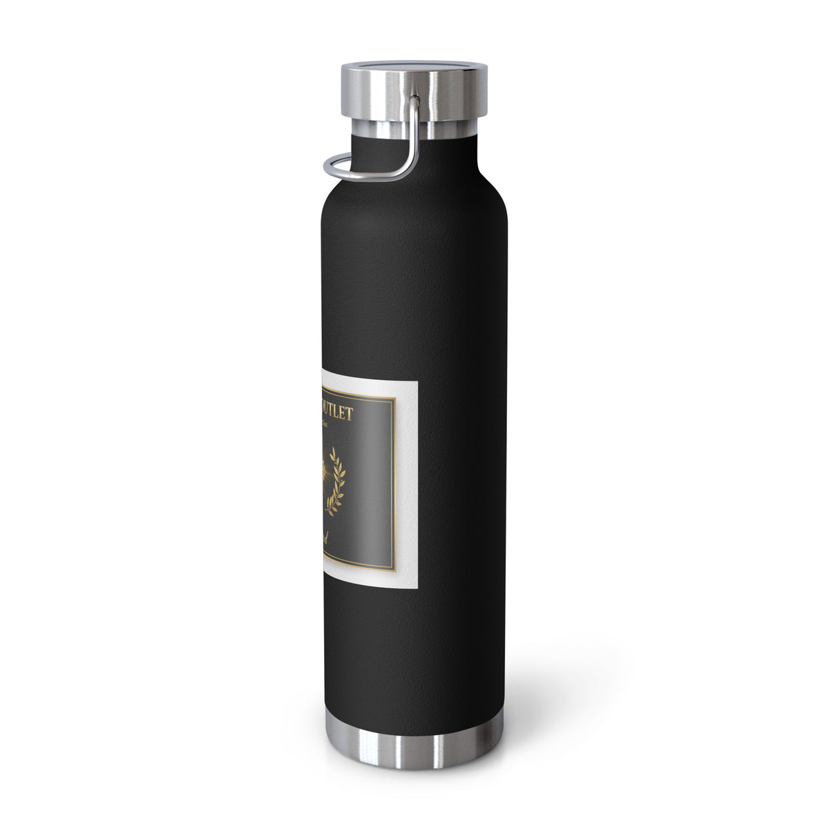 Black 22oz copper vacuum-insulated Tristan's Outlet can glass with gold cross Christian design, lid, and straw for faith-inspired drinkware.