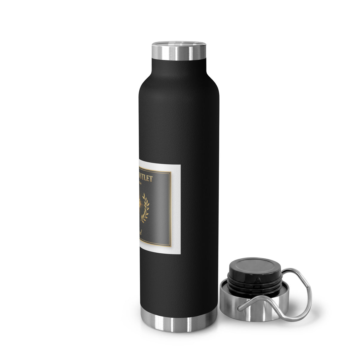 Black 22oz copper vacuum-insulated bottle with lid and straw, Christian faith-inspired drinkware from Tristan's Outlet.