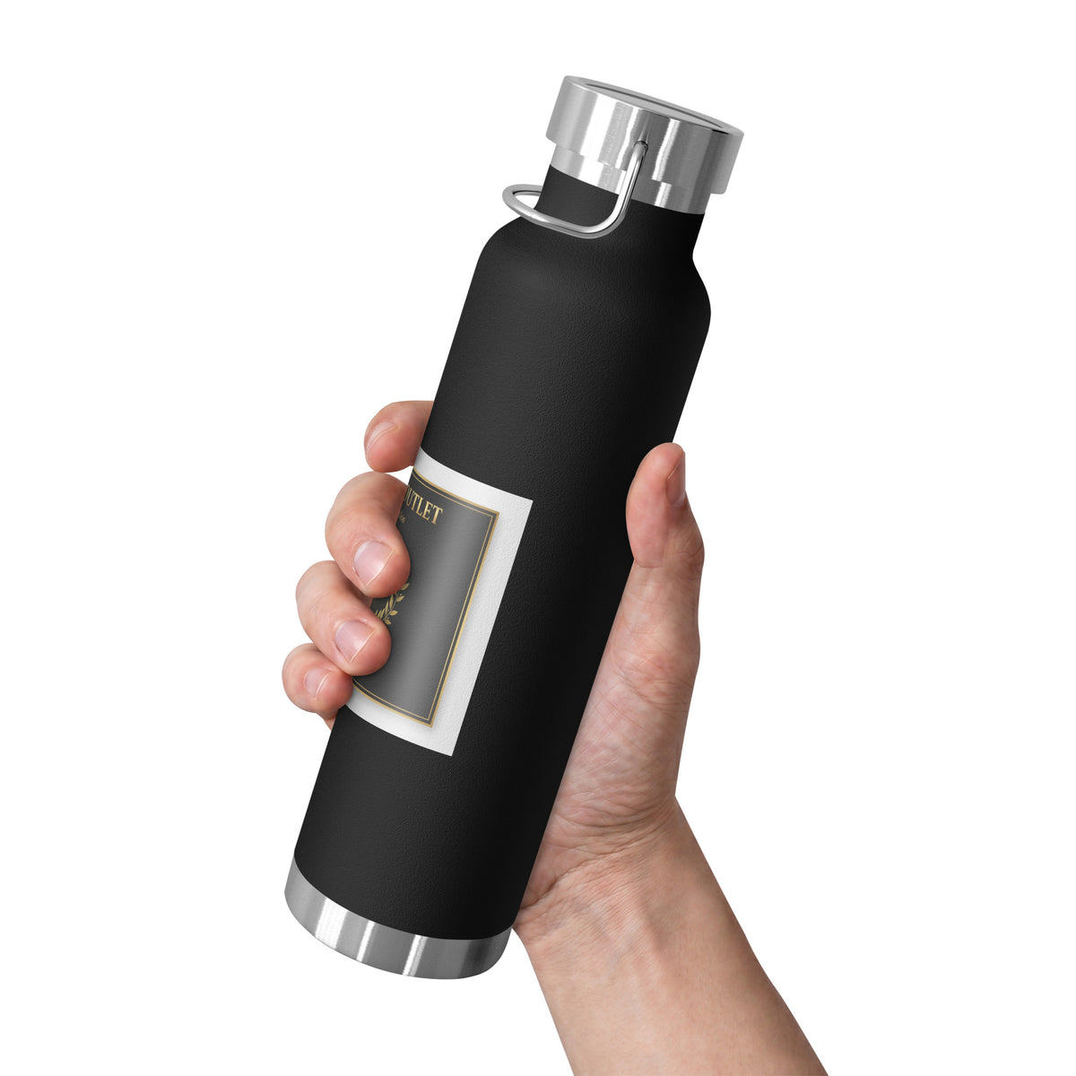 Black 22oz copper vacuum-insulated drinkware with lid and straw from Tristan's Outlet, featuring a gold cross Christian design.