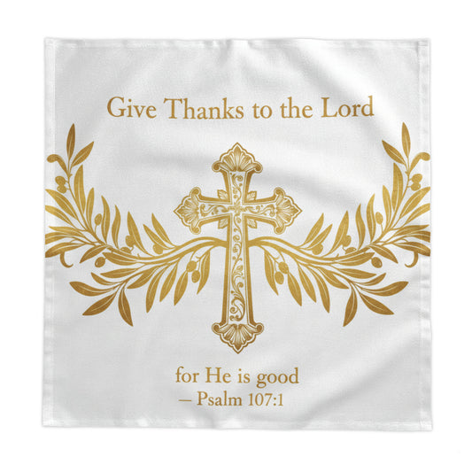 Cotton Faith Tablecloth with scripture design, 58x58 inches, Tristan's Outlet home decor table wear for special occasions.