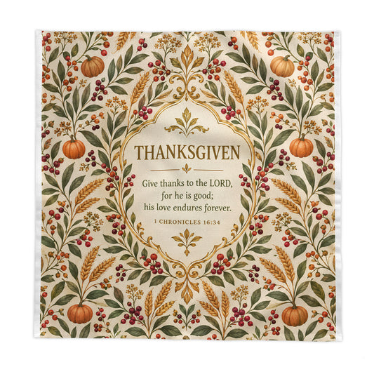 Cotton Thanksgiving tablecloth featuring 1 Chronicles 16:34, measuring 58x58 inches, with a decorative design in natural tones.